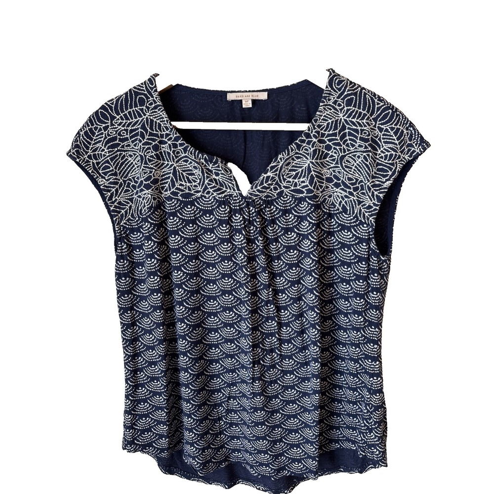 Skies Are Blue Navy White Embroidered V-Neck Cap Sleeve Blouse MP 34799PT
